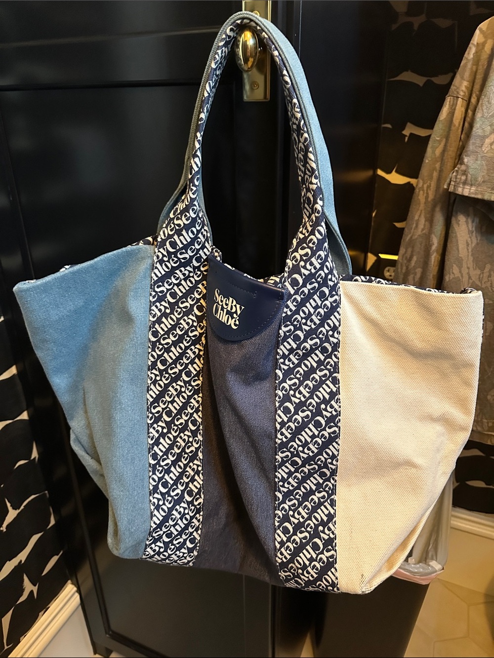 See By Chloe Blue and Cream Panel Logo Tote
